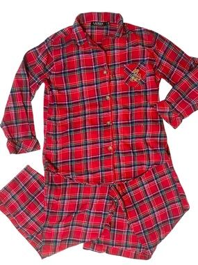Lauren Ralph Lauren Women’s Red 2-PC Plaid Flannel Pajama Set Size L Crest